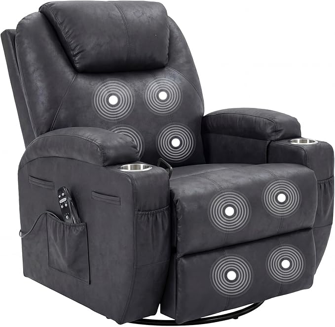 Flamaker Swivel Rocker Recliner for Adults 360 Glider Rocking Chair with Vibration Massage Upholstered Recliner Chair with 2 Cup Holders &amp Side Pockets for Living Room Nursery (Leathaire Black
