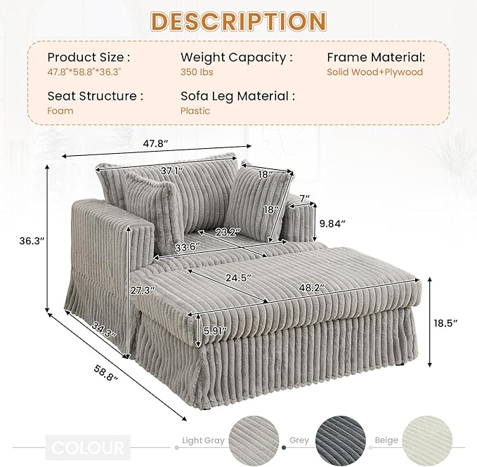 Oversized Chaise Longue IndoorComfy Upholstered Tufted Corduroy Single Sofa Couch Leisure Chair with 3 PillowDeep Seat Reclining Sleeper Sofa Chair for Living RoomBedroomOffice (Light Gray)