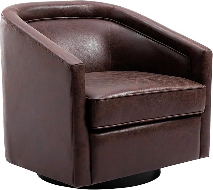 Wovenbyrd Classic Mid-Century Modern 360° Swivel Accent Chair Faux Leather Barrel Chair Dark Brown