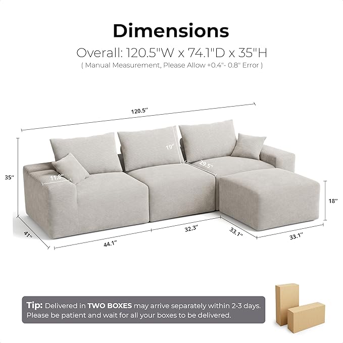 LIKIMIO Modular Sectional Sofa with Ottoman 120 Oversized Deep Seat Boneless Couch Corduroy Upholstery No Assembly Required Modern L-Shaped Living Room Sofa Greige