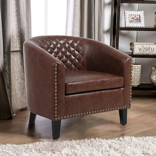 Accent Barrel Chair Living Room Chair with Nailheads and Solid Wood Legs Brown PU Leather