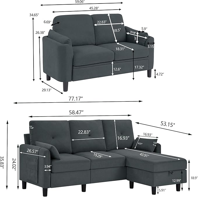2 Piece Sofa Set Modern 3 Seater Sofa and Loveseat Sets Convertible Sectional Couch with Reversible Chaise L Shaped Couch Sets for Living Room Apartment Dark Gray