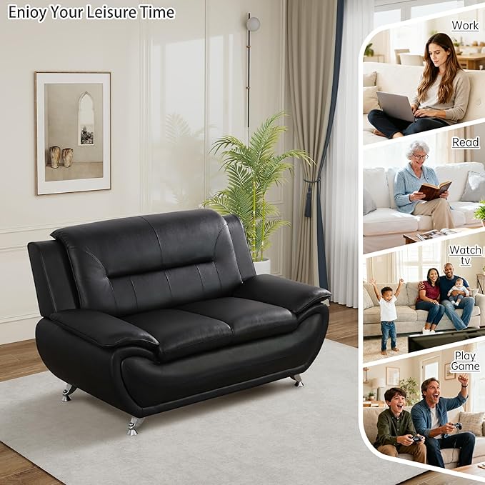 Leather Loveseat Sofa60 Love Seat Couch for Living RoomModern Leather Couch with Metal LegsSmall Love seat Sofa for ApartmentBedroomOfficeDormLounge(Black)