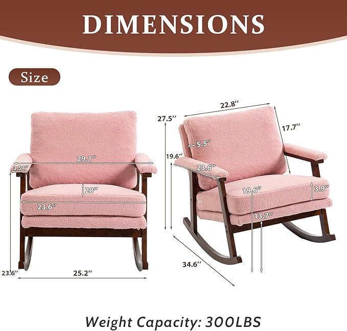 Rocking Chair for Nursery Living Room &amp Bedroom Upholstered Accent Chair with Solid Rubberwood Frame Cozy Reading Chair for Small Spaces Pink