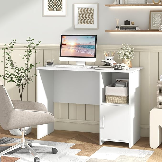 Giantex Small Computer Desk White Desk with Storage Cabinet &amp Shelf Compact PC Laptop Table Workstation Makeup Vanity Table Modern Study Writing Desk for Small Space Bedroom Home Office