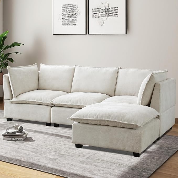 Oversized Modern Sectional Sofa Extra-Deep L-Shape Linen Fabric Cloud Couch Sectional with 5 Pillows Convertible Ottoman Freely Combinable Sofa for Living Rooms Apartments Offices (Beige 4 Seat)