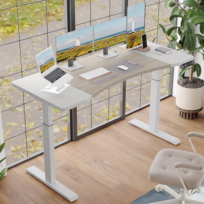 Dual Motor 63x30 Height Adjustable Electric Standing DeskHeight Stand Up Computer DeskSit and Stand Home Office Desk with Splice Board(Oak+White Top White Frame)