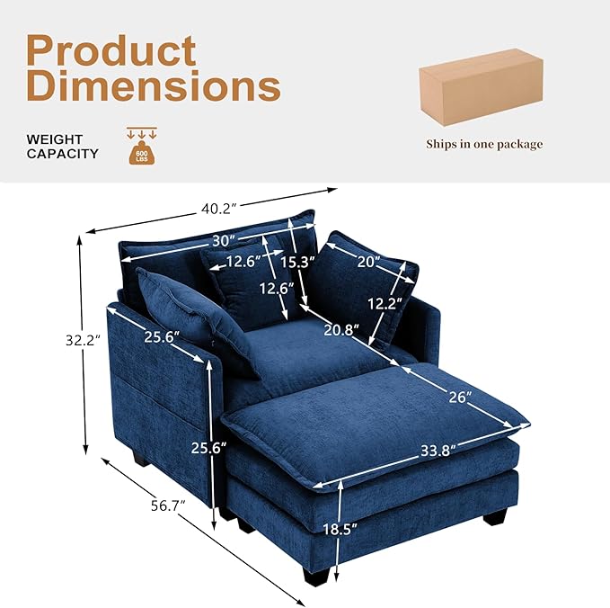 Furniliving Oversized Accent Chair with Ottoman Luxury Chenille Single Sofa Upholstered Deep Seat Chaise Lounge with Pillows for Living Room Bedroom Apartment Blue