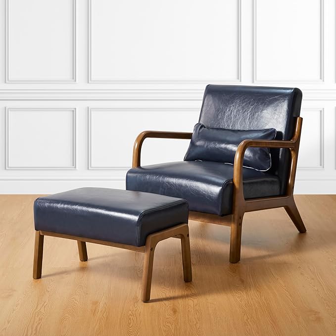 Glitzhome Accent Chair and Foot Stool Set Leatherette Armchair with Walnut Rubberwood Legs and High Back Footrest Ottoman for Living Room Lounge Navy Blue