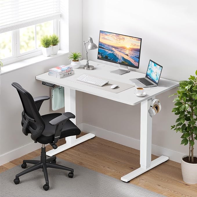 40 x 24 in Electric Standing Desk - Memory Height Adjustable Ergonomic Sit-to-Stand Rising Computer Table Gaming Workstations with 2 Hooks and Wire Hole for Home Office White