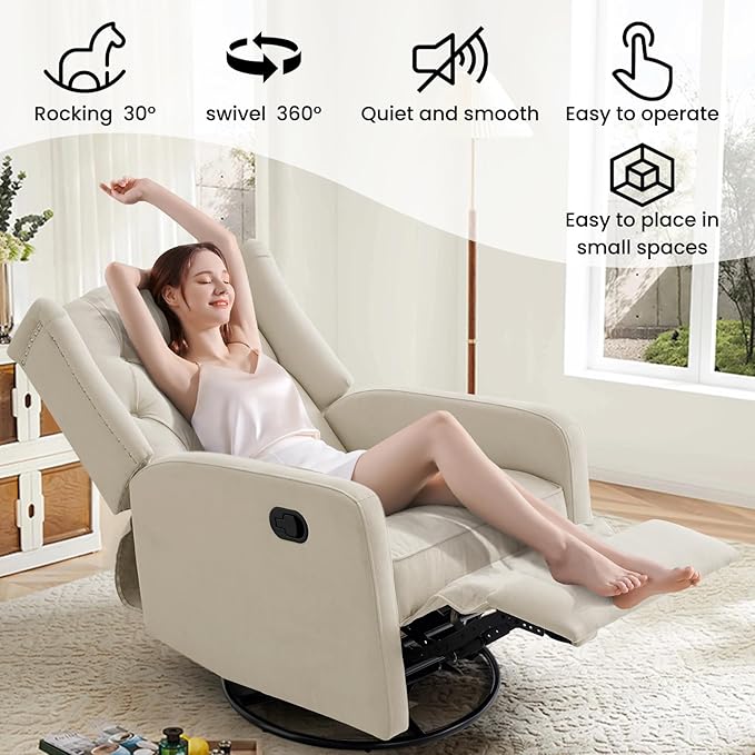 360 Swivel Rocker Recliner Chair for Adults Nursery Chair for Small Spaces Living Room Upholstered Fabric Glider Recliner Lvory