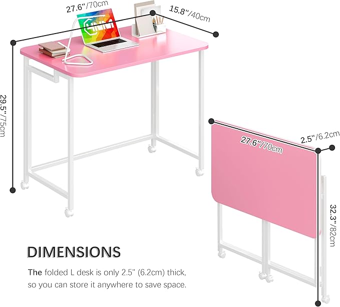 4NM 27.5 Mobile Small Rolling Computer Desk Folding Laptop Cart Table with Wheels Portable Office Desk for Small Space Couch Bed - Pink and White