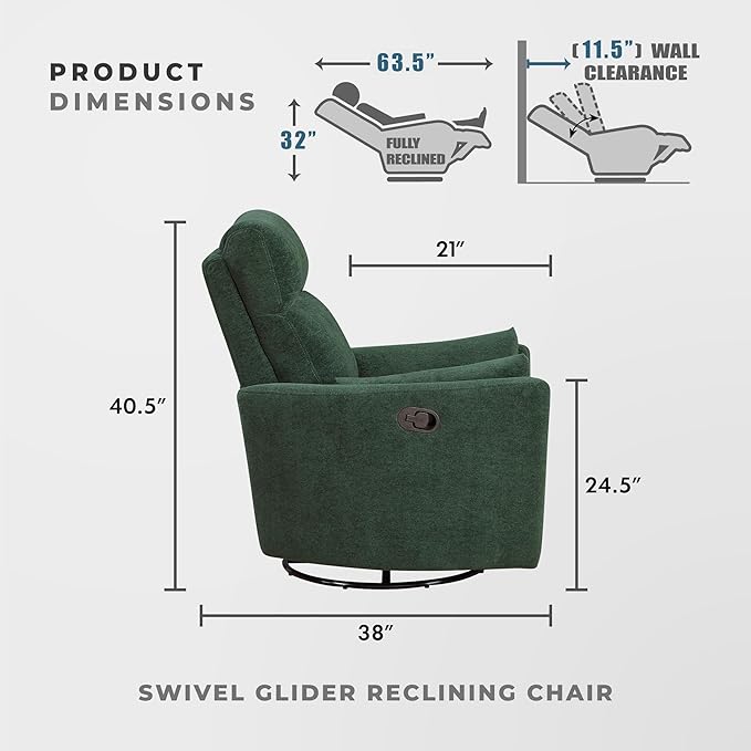 Lexicon Modern Swivel Glider Recliner Chair - Quiet 360 Swivel Chair Durable Microfiber Upholstered 2 Pillows Manual Reclining for Living Room Small Spaces Nursery Apartment Bedroom Green