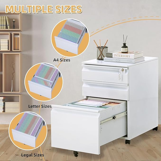 3 Drawer File Cabinet with 4 Wheels Capacity 120 Lb Locking File Cabinet- for A4 Letter-Head Legal-Size Folders - for Office&ampStudy White