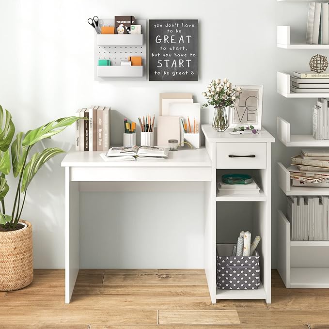Giantex White Computer Desk 40 Study Writing Desk with Drawers and Printer Shelves Modern PC Laptop Workstation for Small Space Home Office