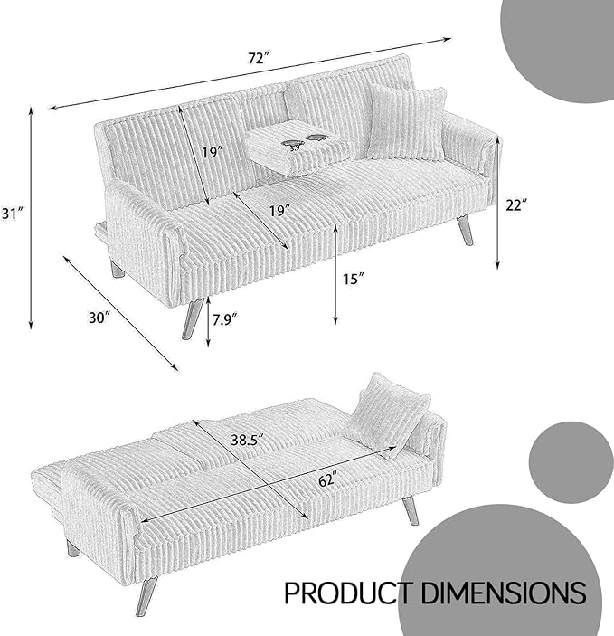 Futon Sofa Bed Modern Folding Couch for Small Space 72'' Corduroy Convertible Loveseat Sleeper Bed Daybed Recliner Lounge Sofas for Living Room2 Cup HoldersMetal LegsRemovable Armrests (Black I)