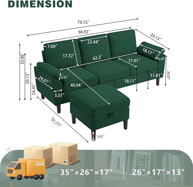 80 Convertible Sectional Sofa Small L Shaped 3 Seat Couch with Reversible Storage Chaise Modern Polyester Fabric Sofa Couches for Living Room Apartment and Small Space Green