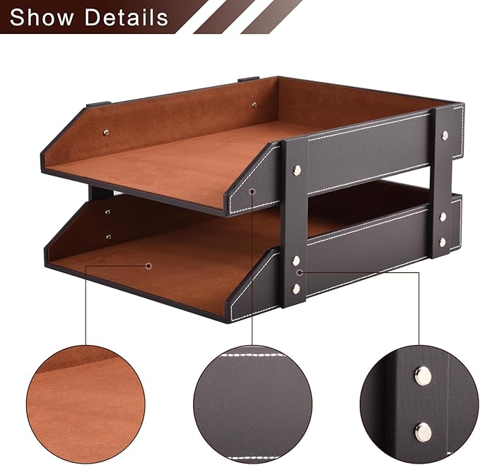 Leather Desk Organizer2-Tier Stackable Letter Tray HolderOffice Supplies Desktop Storage Box for DocumentStationeryMagazinesNewspapersLetters and Other Home Office Paper SundriesCoffee