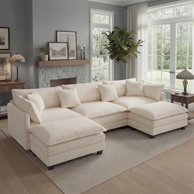 113.4 U-Shaped Modular Sectional Sofa with Ottoman Comfy Cloud Couch with Deep Seat (23.6 D) Solid Wood FrameBeige/Gray/Blue/Black for Living Room Small Apartment (Beige 3 Seat)