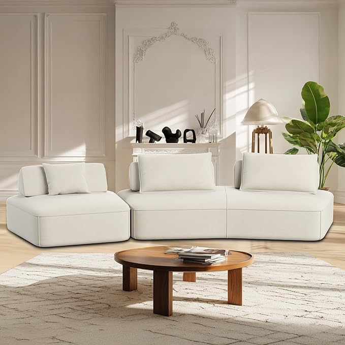 139 Modern Curved Sofa Cloud Sectional Couch with Adjustable Backrest Oversized Deep Seat Compressed Couch for Living Room Apartment No Assembly Required Chenille Fabric (Beige)