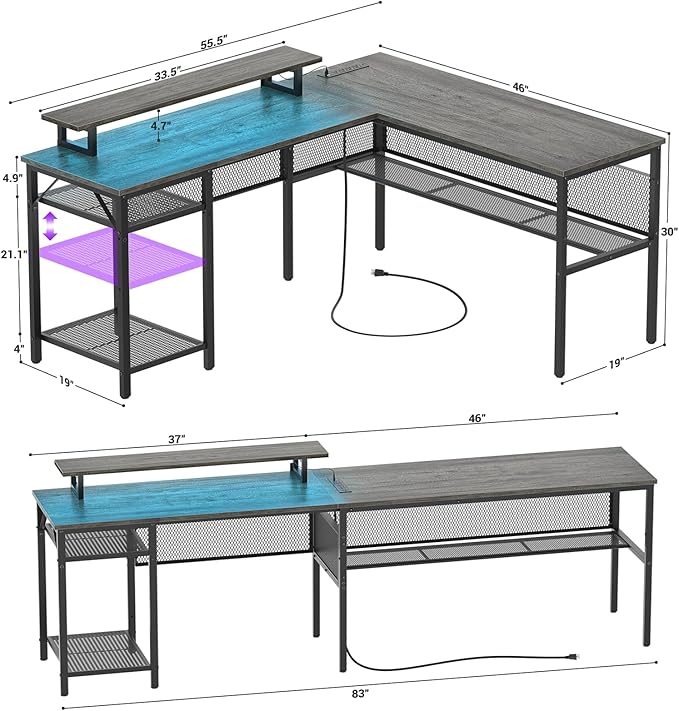 Cyclysio Reversible L Shaped Computer Desk with LED Lights &amp Power Outlets Office Corner Desk with Shelves &amp Monitor Stand Home Office Desk Gaming Table with Unique Grid Design (Grey Oak)