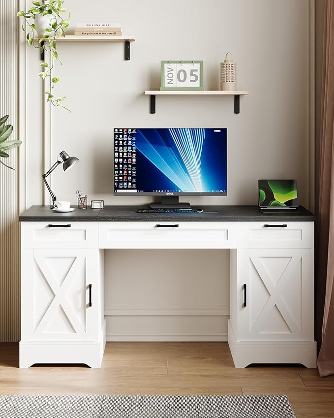 HOPUBUY Farmhouse Executive Desk with File DrawersWood Home Office Desk w/Charging StationAdjustable Storage CabinetsWhite Computer Writing Desk for WorkStudy