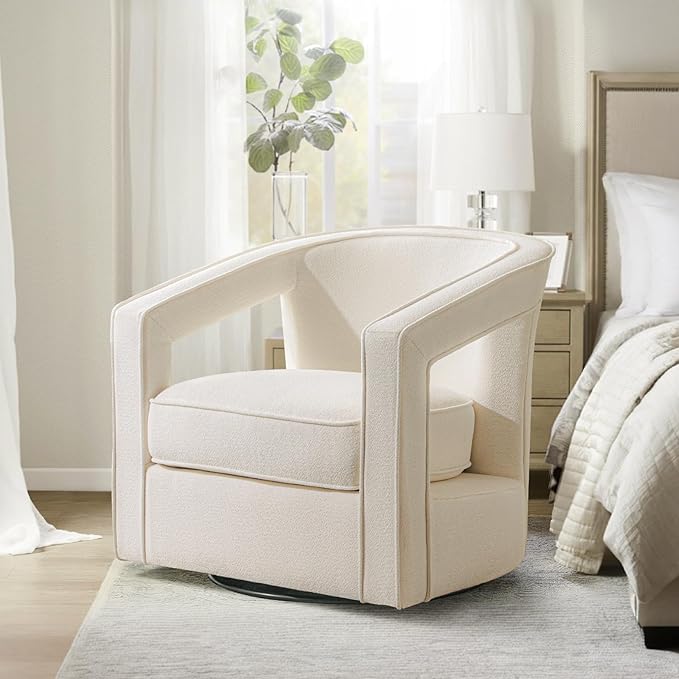 Furniliving Chenille Swivel Accent Chair for Living Room Upholstered Barrel Chair with Curved Back Comfortable Reading Chair for Bedroom Balcany Home Office White