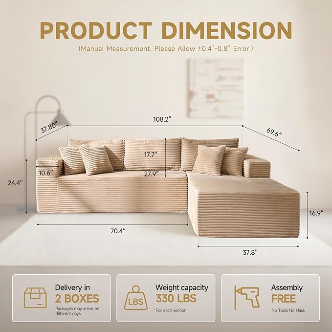 108 Modular Cloud Sofa High-Density Foam Sectional Couch Oversized Convertible L-Shaped Sofa Bed with Plush Fabric Deep Seats Wide Armrests Boneless Couches for Living Room Beige