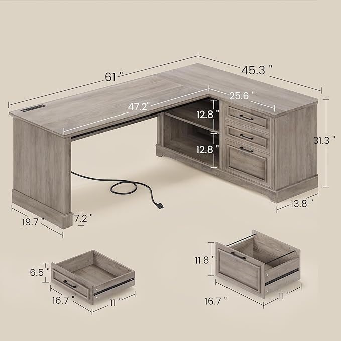 SEDETA Executive Desk 61 Farmhouse L Shaped Desk with File Drawers Office Desk with Drawers and Power Outlets Computer Desk with Storage Shelves for Home Office Grey