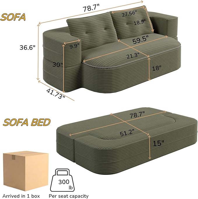 78.7 Full Size Boneless Couch Bed Plush Corduroy Memory Foam Floor Sofa with Multi Functional Blanket 2 in 1Convertible Sleeper Sofa Bed for Living Room Offices Apartment No Assembly (Green)
