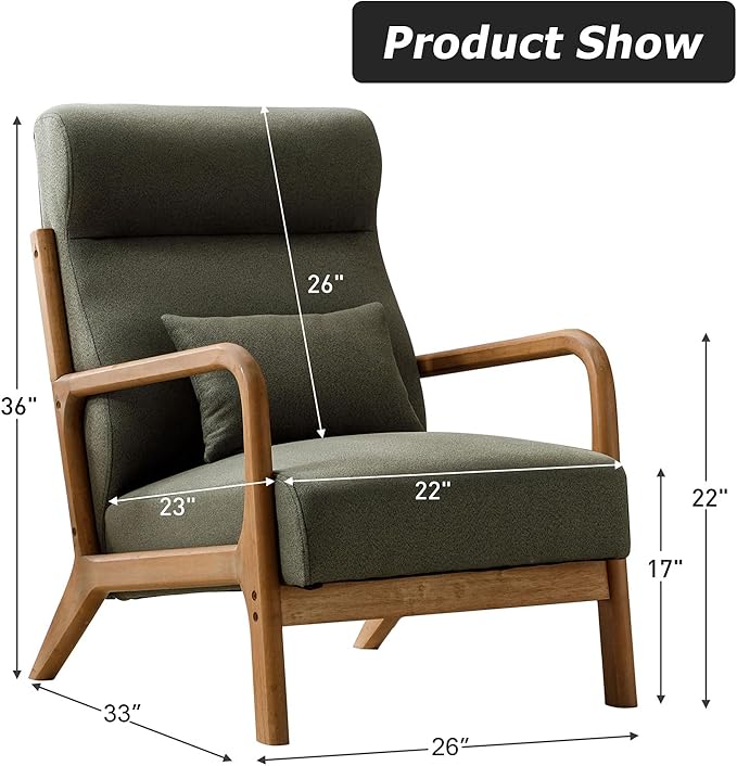 INZOY Mid Century Modern Accent Chair with High Back Upholstered Living Room Chairs with Waist Cushion Wood Frame Reading Armchair for Bedroom Sunroom Green
