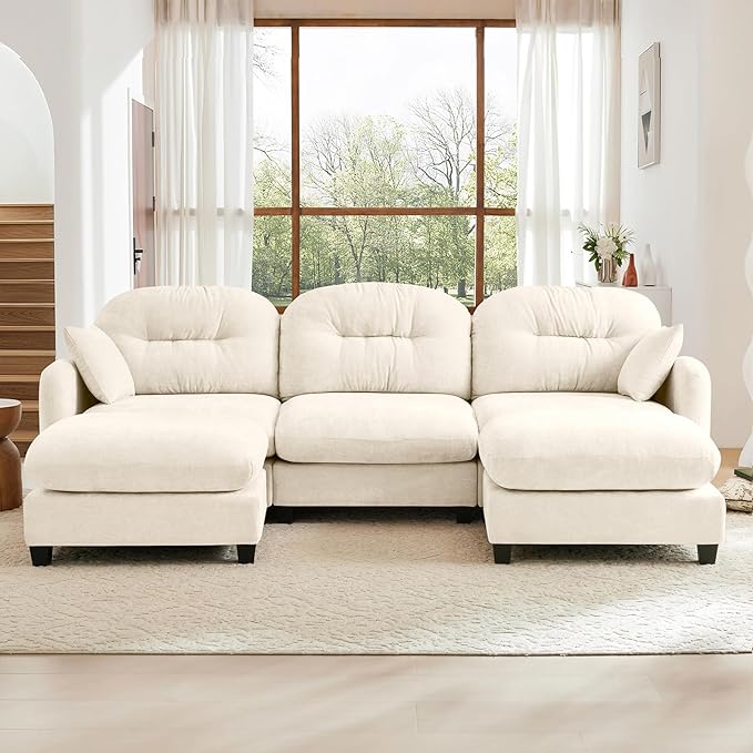 107 Oversized Modular Sectional Sofa Beige Large Sectional Couches for Living Room Chenille Fluffy Sofa Set Cloud 3 Seater Comfy Modular Couches with 2 Ottomans Modern Sofas para Sala U Shaped