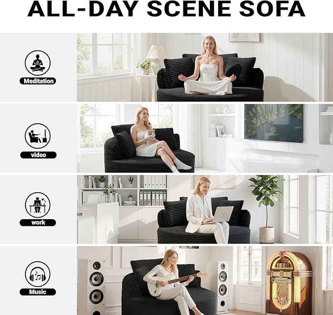 54-inch Oversized Round Chaise Longue Chair Indoor Modern Upholstered Corduroy Deep Seat Circle Chair Single Cloud Lounge Floor Sofa Chair for Living Room Bedroom Apartment Black