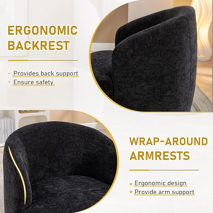 Swivel Accent Chair360 Degree Chenille Small Swivel Barrel ChairUpholstered Comfy Arm ChairModern Round Swivel Bucket ChairSingle Sofa Chair for Living RoomBedroomNursery(Black)