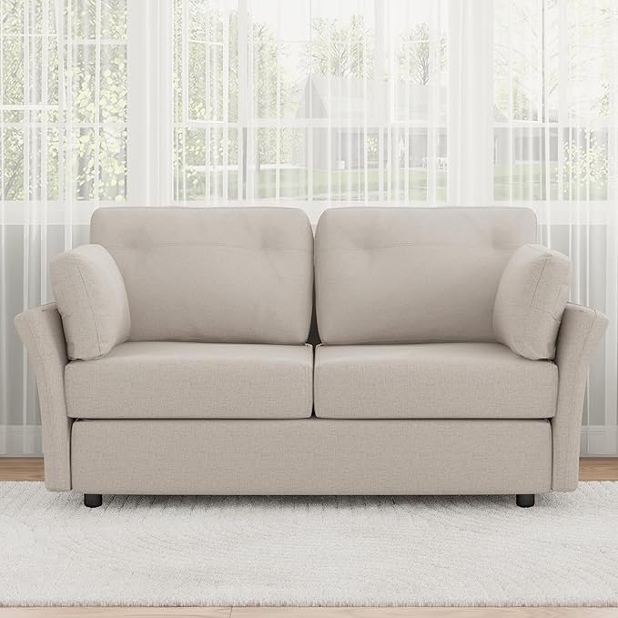 Novilla 57 Linen Loveseat - Small Sofa w/ 2 Bolster Pillows for Apartment Easy Assembly Beige