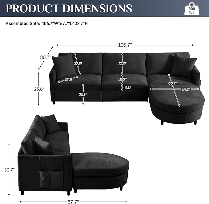 L Shaped Sectional Sofa Couch 106.7 Comfy Chenille 4 Seat Deep Seat Sofa Set with 2 Pillows &amp Convertible Ottoman Modern Modular Cloud Couch for Living Room Office Apartment Black