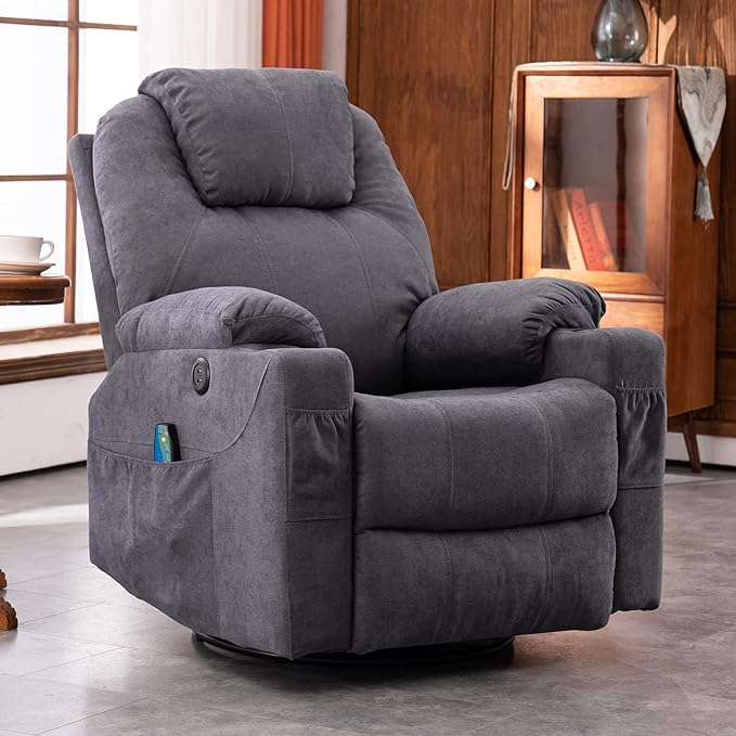 Manual Swivel Rocker Recliner Chair with Heated Massage Ergonomic Lounge 360° Glider Rocking Fabric Lounge Chair Sofa Seat with 2 Cup Holders Side Pockets &amp USB Ports for Living Room Grey