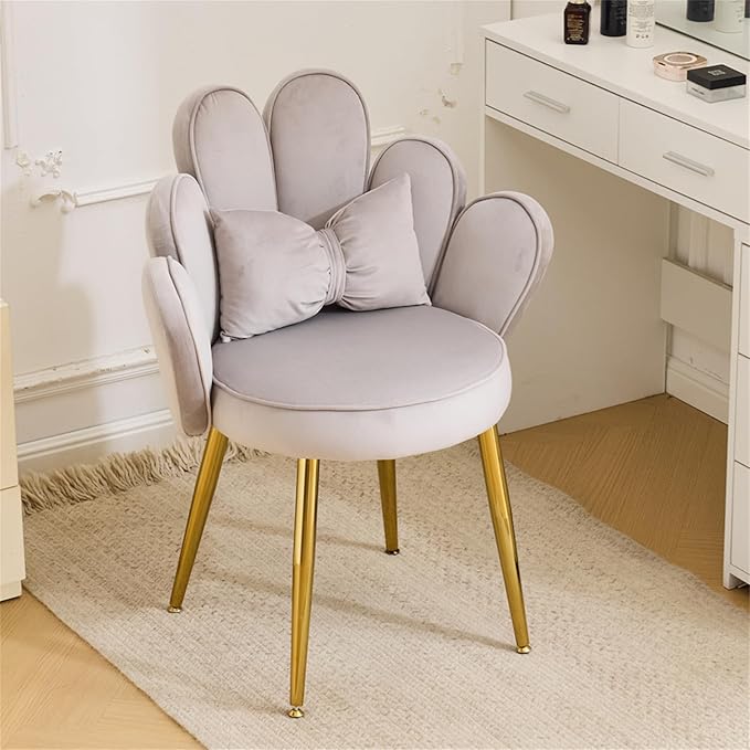 VINGLI Petal Makeup Vanity Chair with BackFlower Cute Girls Desk Chair Comfy No WheelsModern Dining ChairSmall Accent Chair with Adustable Gold Legs&ampBow Pillow for Home OfficeBedroomVelvetGr