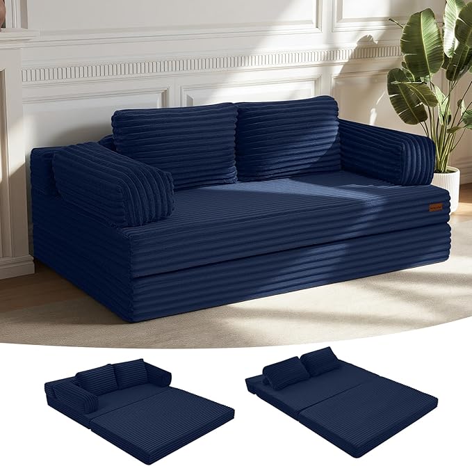 MeMoreCool Convertible Sofa Bed Folding Floor Couch Bed Queen Pull Out Sleeper Couch with Pillows Fold Out Futon Sofa for Bedroom Living Room Small Space Corduroy Beige