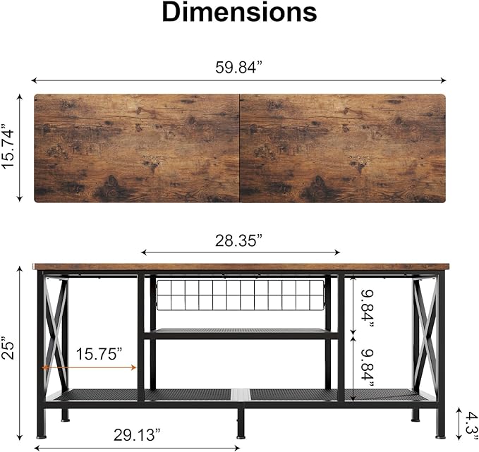 Gizoon 59.8 Industrial TV Stand for 55-65 Inch TVs Rustic Brown 3-Tier Media Entertainment Center with Open Shelves Metal Frame Sofa Table for Living Room Bedroom Office