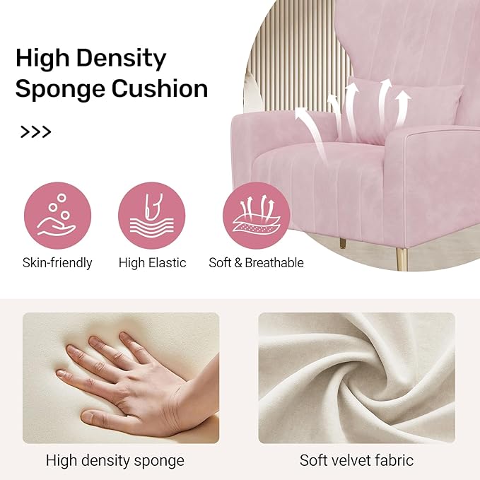 Velvet Accent Chair Set of 2Wingback for Living Room High Back Arm Chair with Golden Legs Lumbar Pillow Upholstered Single Sofa Bedroom Pink