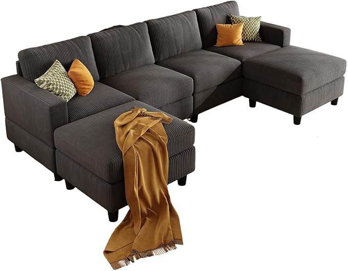 101 Inch Oversized Corduroy Sectional Sofa U Shaped Sectional Sofa with 2Ottomans 6 Seater Convertible Corduroy Sofa Comfortable Living Room Couch (Dark Gray 4 Seat with 2 Ottoman)
