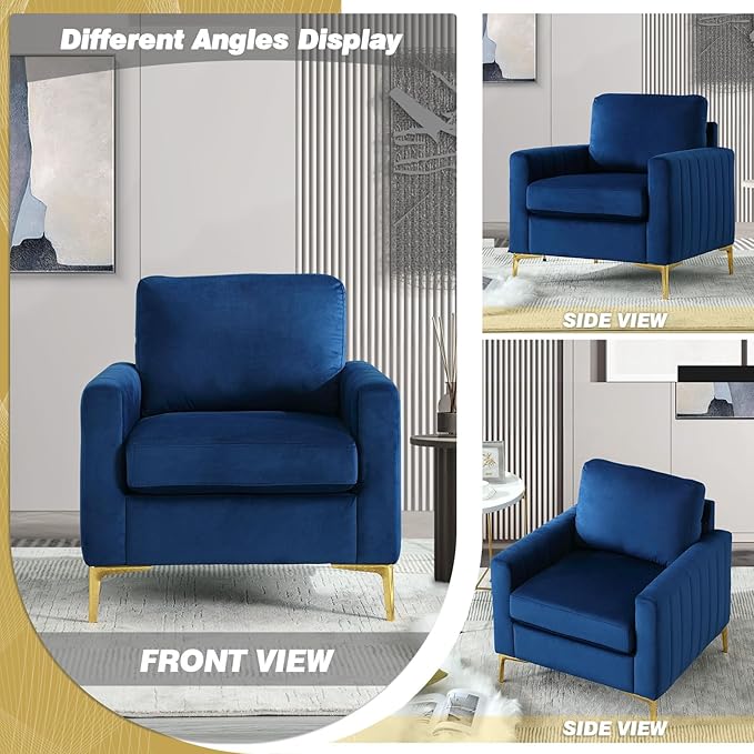 Modern Velvet Accent Chair Comfy Living Room Armchair with Thick Cushion Upholstered Reading Armchair Mid Century Sofa Chair with Gold Legs Side Chair for Living Room Bedroom Office Club Blue