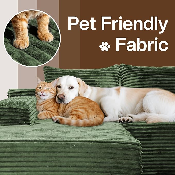 Modular Sectional Sofa Boneless Cloud Couch with Chaise Lounge 4-in-1 Flexible Combination Faux Rabbit Fur &amp Layered Cushion Deep Seat No Assembly (Green Left Facing Chaise)
