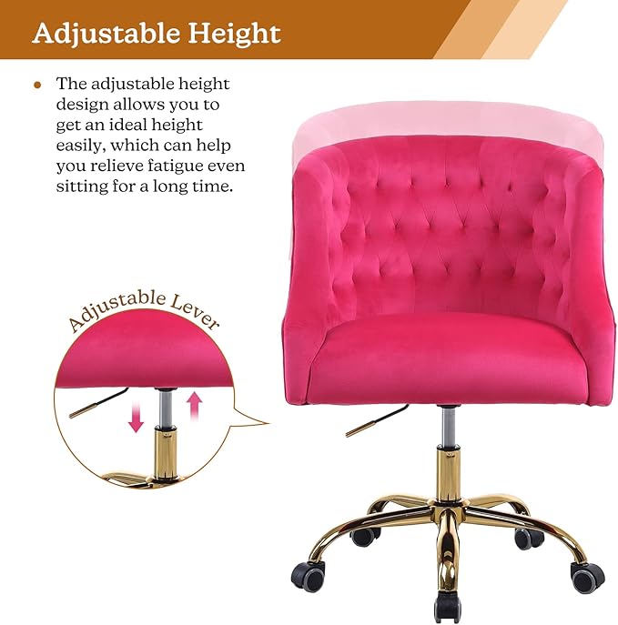 Velvet Home Office Chair with Gold Base Comfortable Modern Cute Desk Chair Adjustable Swivel Task Chair for Living Room Bedroom Vanity Study Fushia