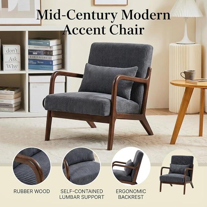 Corduroy Upholstered Mid Century Modern Accent Chair with Wide Armrests and Pillow Comfy Reading Armchair for Living Room Bedroom Guest Room (Antique Dark Grey+Walnut Finish Frame)