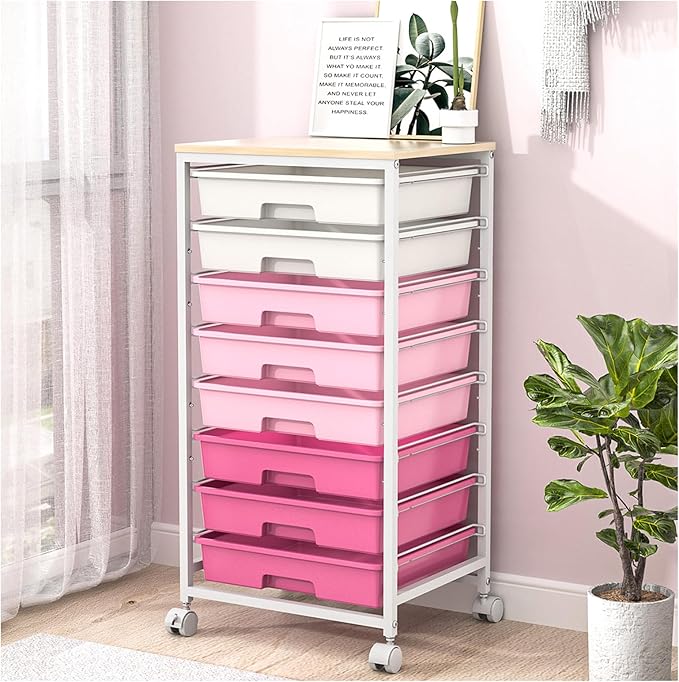 Rolling Cart with DrawersStorage Cart with 8 Drawers and Wooden TabletopUtility Cart for Living RoomClassroom BedroomBathroomDormOfficeRose Pink