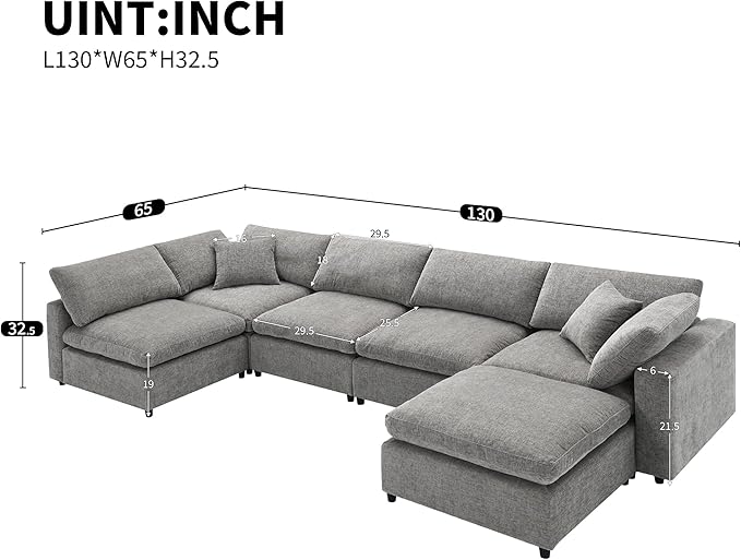 130-Inch Sectional Modular Cloud Sofa Couch Oversized 6 Seat Upholstered Chenille U Shaped Sofa Couches with Movable Ottoman 2 Throw Pillows for Living RoomOffice