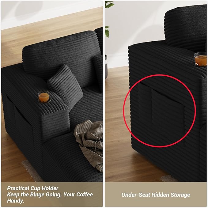110 Modular Sectional Sofa Cloud Couch Modern Deep Seat Fluffy Corduroy Boneless Couch with Cup Holder Comfy L Shaped Sectional Couches for Living Room Bedroom. (Left Facing Black)