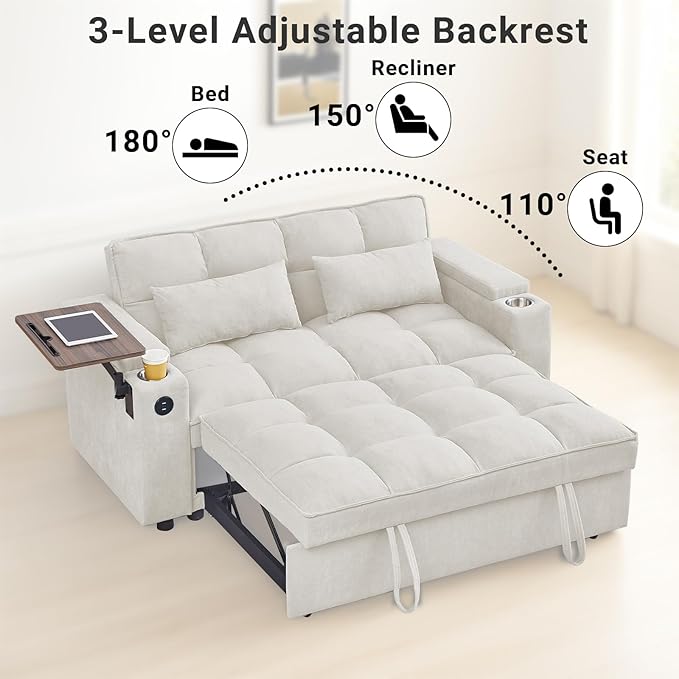 65-Inch 3-in-1 Convertible Loveseat Sleeper with Side Table Pull-Out Couch Adjustable 3-Level Backrest USB &amp Type-C Ports Chaise Lounge for Living Room White